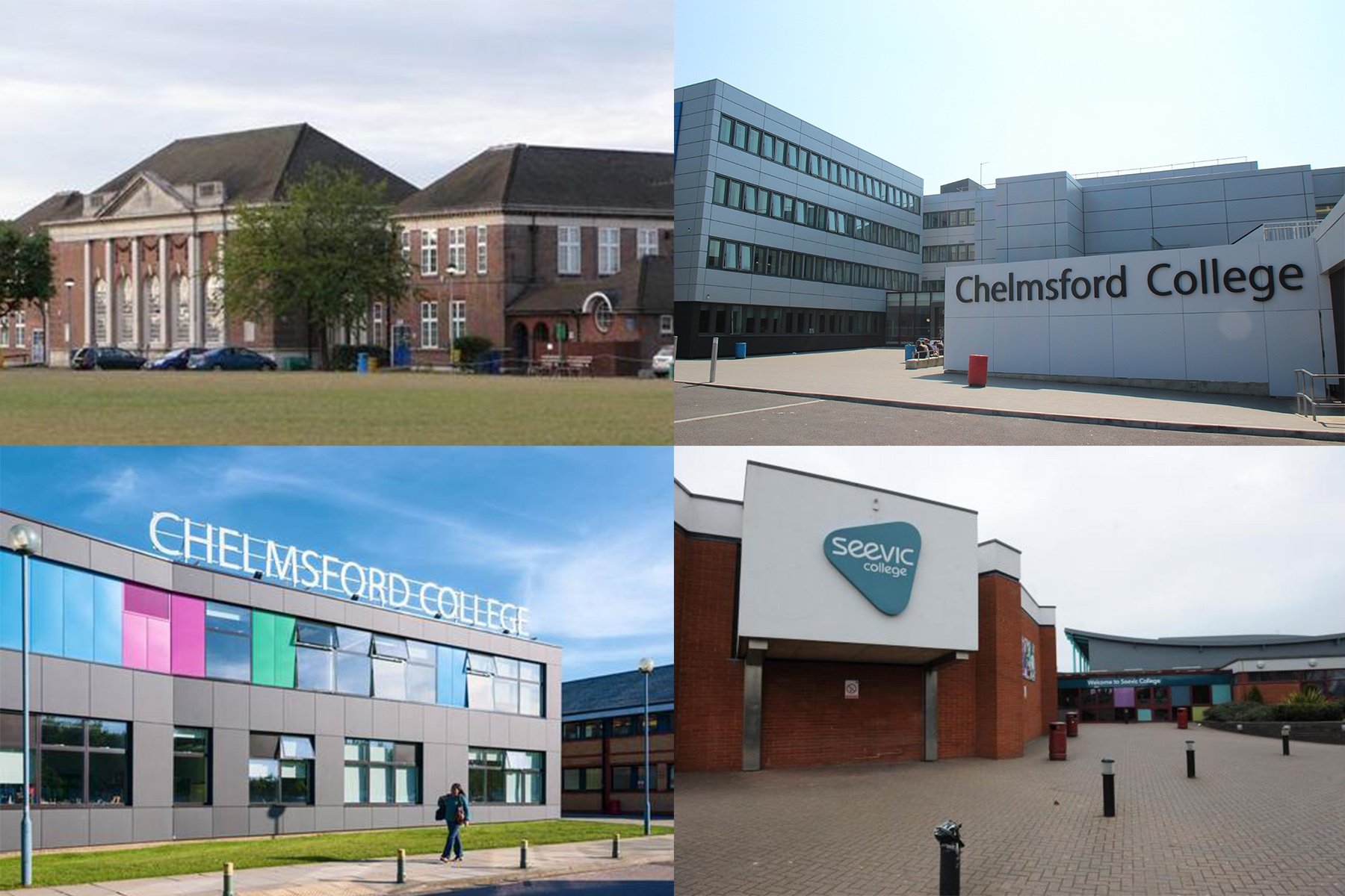 Chelmsford college in Moulsham Street, Chelmsford college in Princess road, Seevic college in Thundersley, Palmers college in Grays